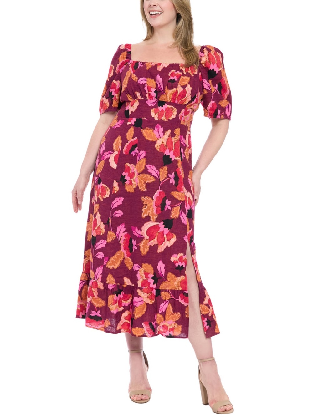 Clover and Sloane Floral Square-Neck Puff Sleeve Midi Dress in plum size 8P